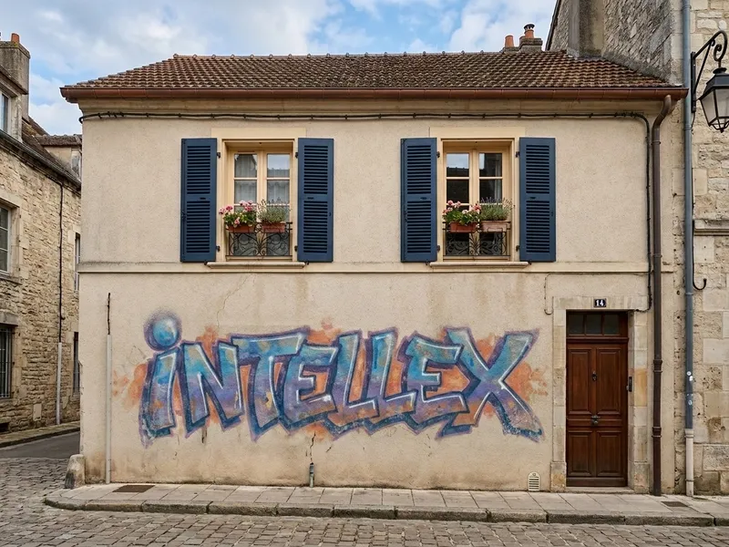 Même façade après ajout d'un élément par le mode Composition du studio visuel Intellex : graffiti ajouté sur le mur