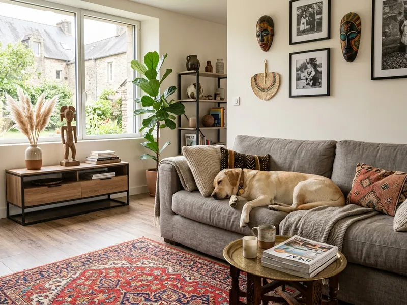 Photo d'un salon avec un chien endormi sur le canapé avant suppression par le mode Composition du studio visuel Intellex