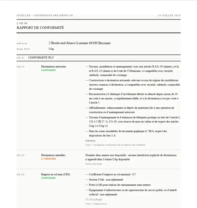Extrait du rapport de conformité PC Intellex exporté en PDF, détaillant les règles de conformité PLU pour un projet à Bayonne