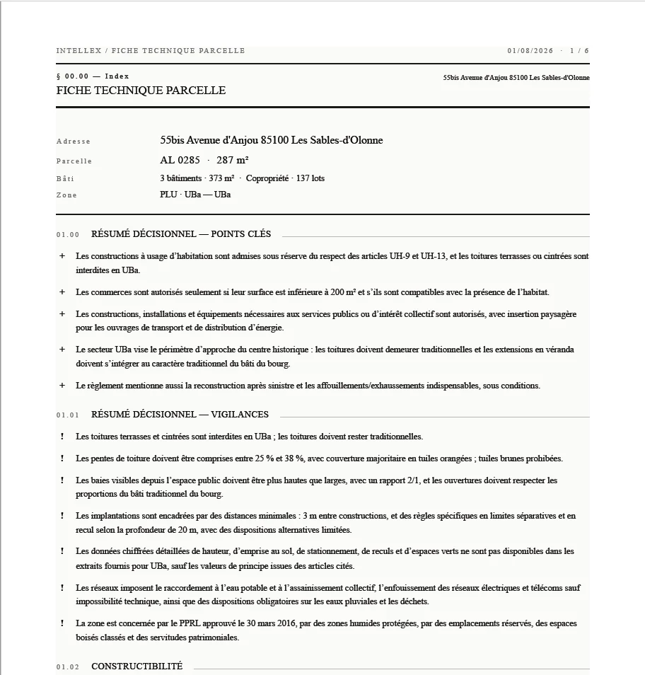 Capture d'écran de la première page du rapport PDF exporté par Intellex : résumé décisionnel avec points clés et vigilances pour une parcelle aux Sables-d'Olonne