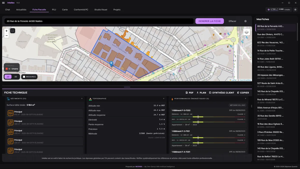 Capture d'écran de la fiche parcelle Intellex pour une adresse à Nantes, avec carte cadastrale, bâtiments, topographie et performances énergétiques