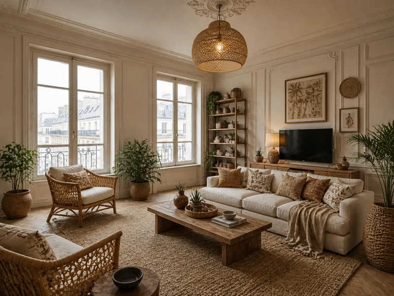 Même pièce après homestaging par le studio visuel Intellex : salon meublé dans un style bohème et naturel