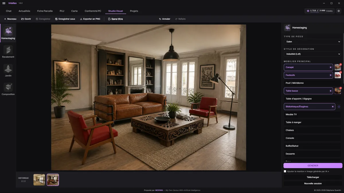 Capture d'écran du studio visuel Intellex : salon meublé et décoré par homestaging virtuel, style industriel (loft)