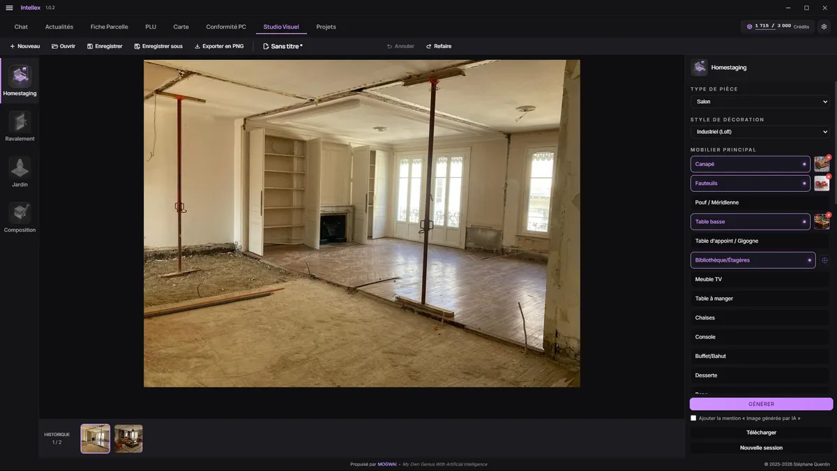 Capture d'écran du studio visuel Intellex : salon vide avant homestaging virtuel